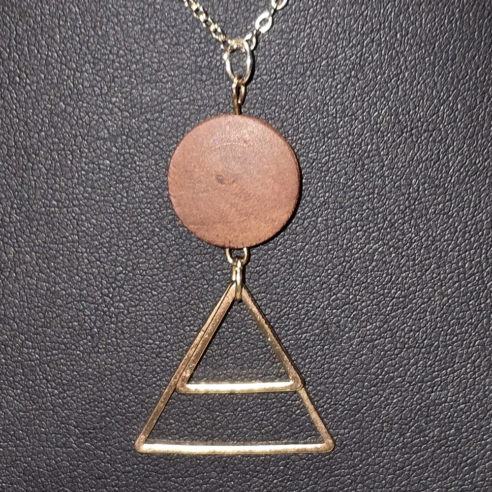Gold Tone Chain Necklace with Wooden Round Triangle Pendant Lot 8